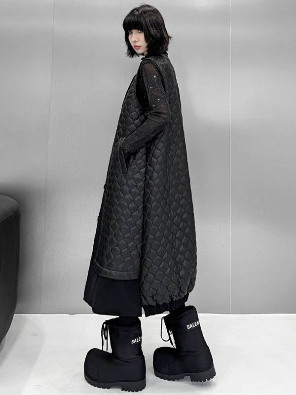 Buttoned Plaid Pockets Solid Color Split-Joint Loose Sleeveless Notched Collar Padded Vest Outerwear