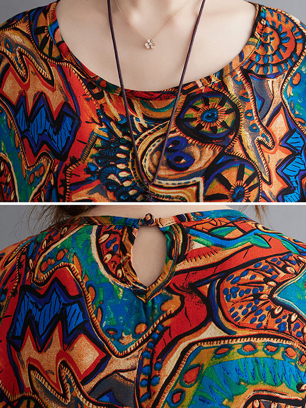 Original Artistic Retro Loose Printed Contrast Color Midi Dress