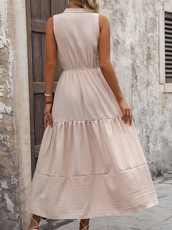 Buttoned Elasticity Pleated Split-Joint A-line High Waisted V-neck Midi Dresses