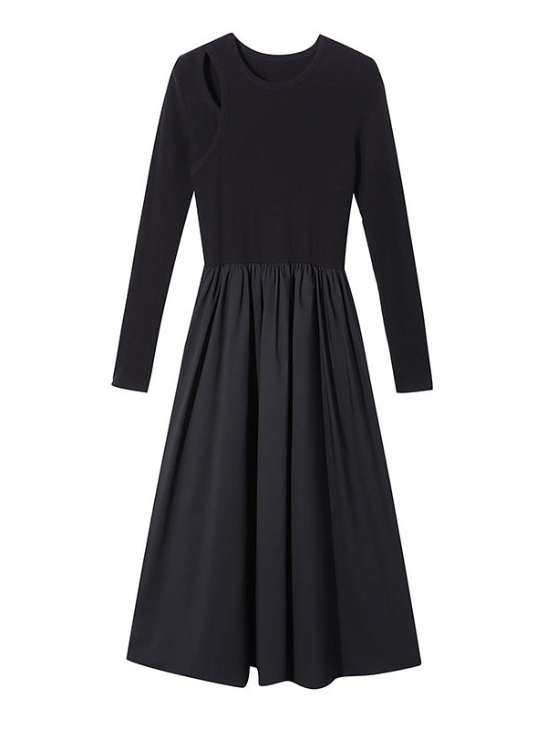 Elasticity Hollow Solid Color Split-Joint A-Line Long Sleeves Round-Neck Midi Dresses