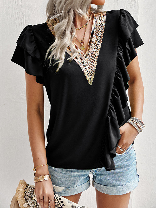 Asymmetric Split-Joint Ruffle Sleeves V-Neck Blouses&Shirts Tops