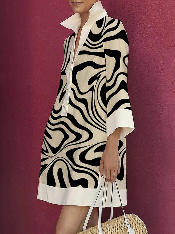 Long Sleeves Loose Contrast Color Zebra-Stripe Lapel Collar Mini Dresses