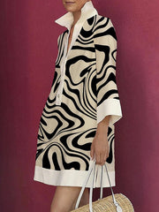 Long Sleeves Loose Contrast Color Zebra-Stripe Lapel Collar Mini Dresses