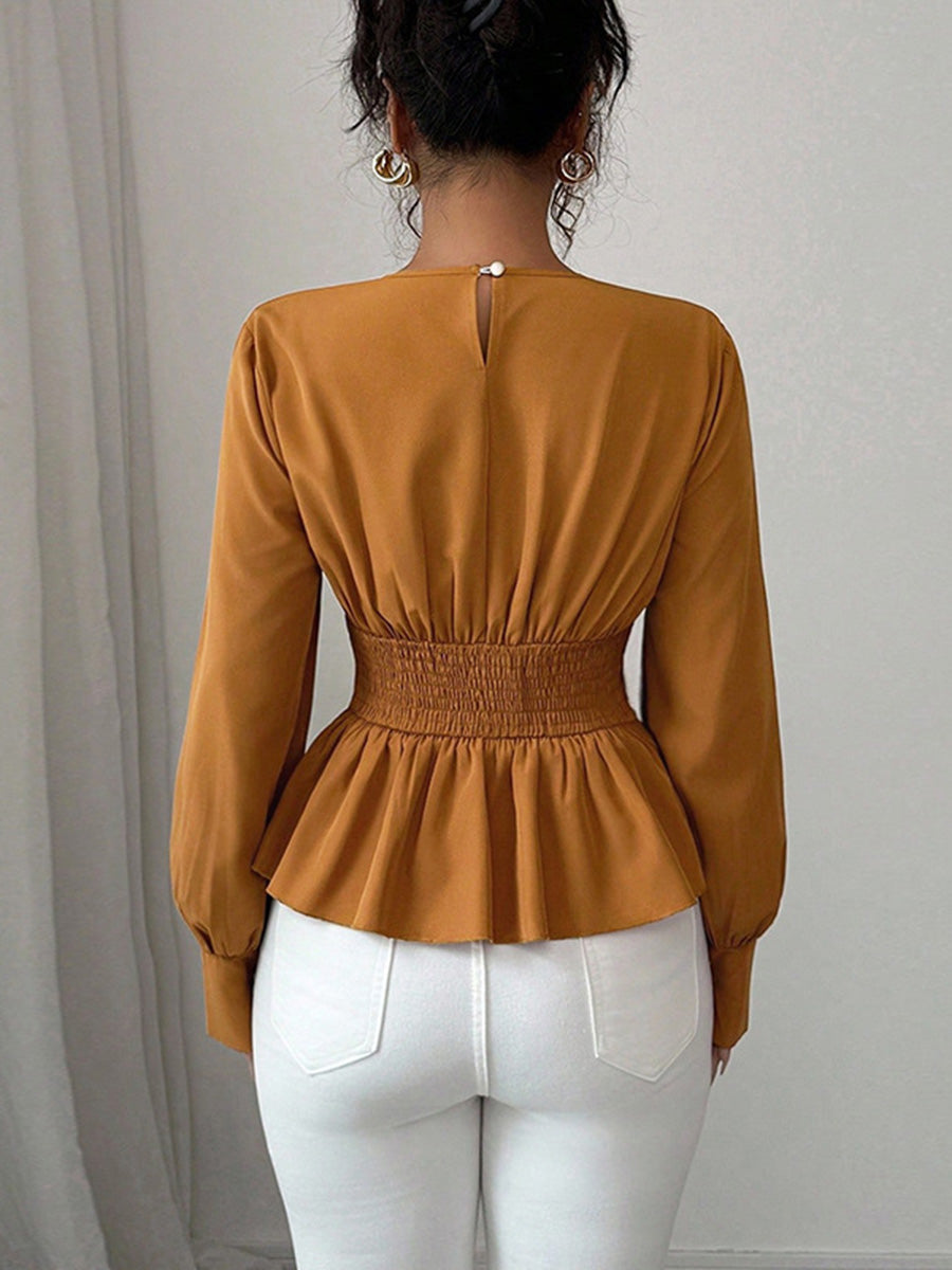 Asymmetric Pleated Ruffled Solid Color Elasticated Waist High Waisted Round-Neck Blouses&Shirts Tops