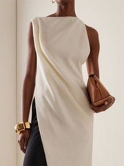 Pleated Solid Color Sleeveless Boat Neck Vest Top