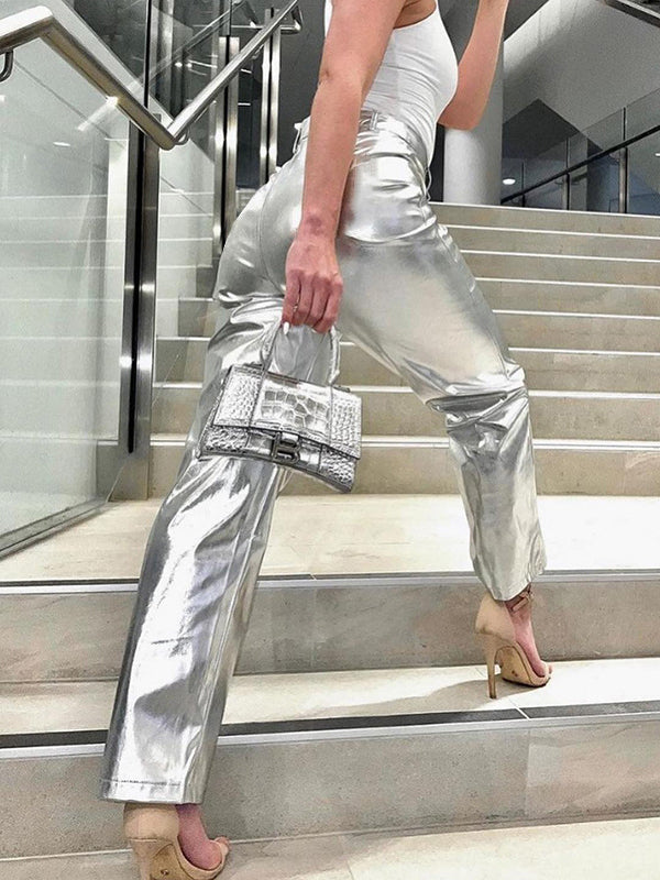 Buttoned Pockets Shiny Solid Color High Waisted Trousers Pants