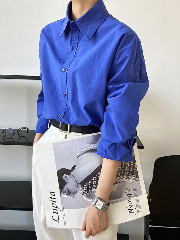 Simple Loose Long Sleeves Buttoned Solid Color Lapel Collar Blouses&Shirts Tops