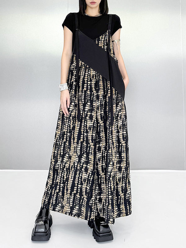 Asymmetric Contrast Color Printed Split-Joint Loose Sleeveless Spaghetti-Neck Overalls