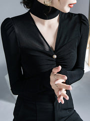 Mesh Pleated Solid Color Long Sleeves Skinny V-Neck T-Shirts Tops