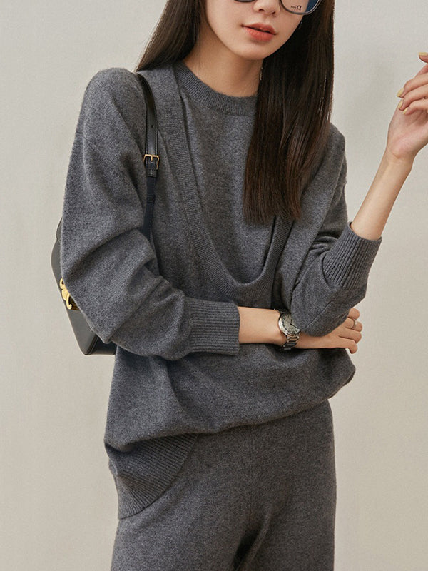 Urban Loose Solid Round-Neck Vest Top& V-Neck Sweater Tops& Wide Leg Pants Three-Piece Set