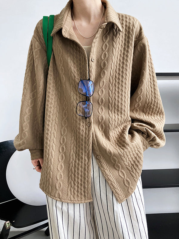 Simple Loose Long Sleeves Buttoned Solid Color Textured Lapel Collar Blouses&Shirts Tops