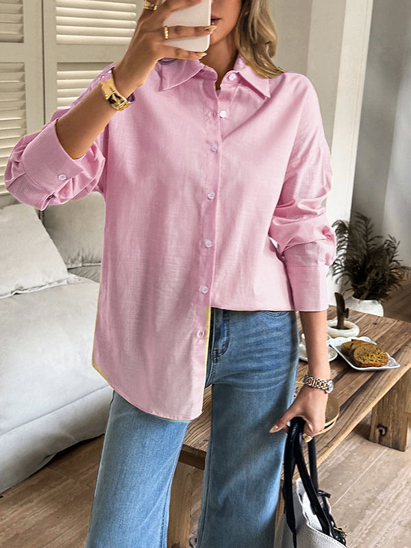 Buttoned Solid Color Long Sleeves Loose Lapel Blouses&shirts Tops