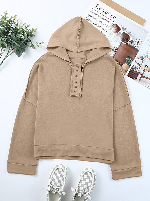 Buttoned Split-Joint Velvet Hooded Long Sleeves Sweatshirt Tops