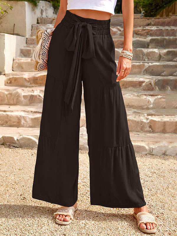 Elasticity Pleated Solid Color Split-Joint Tied Waist High Waisted Loose Trousers Pants