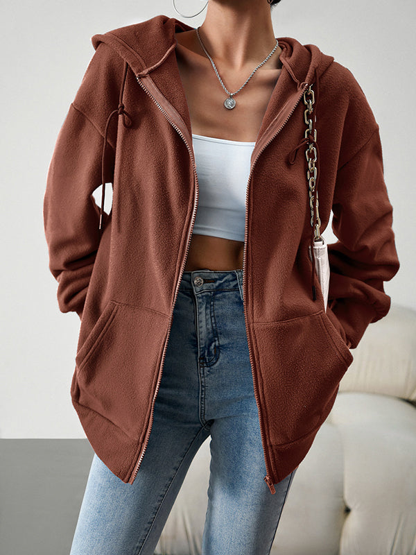 Drawstring Zipper Long Sleeves Loose Hooded Outerwear Jackets