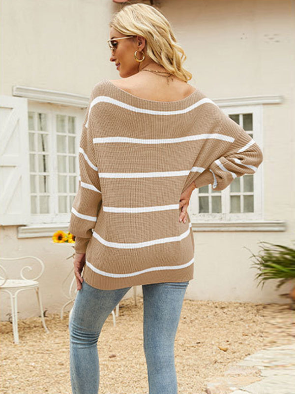 Long Sleeves Striped Off-The-Shoulder Sweater Tops