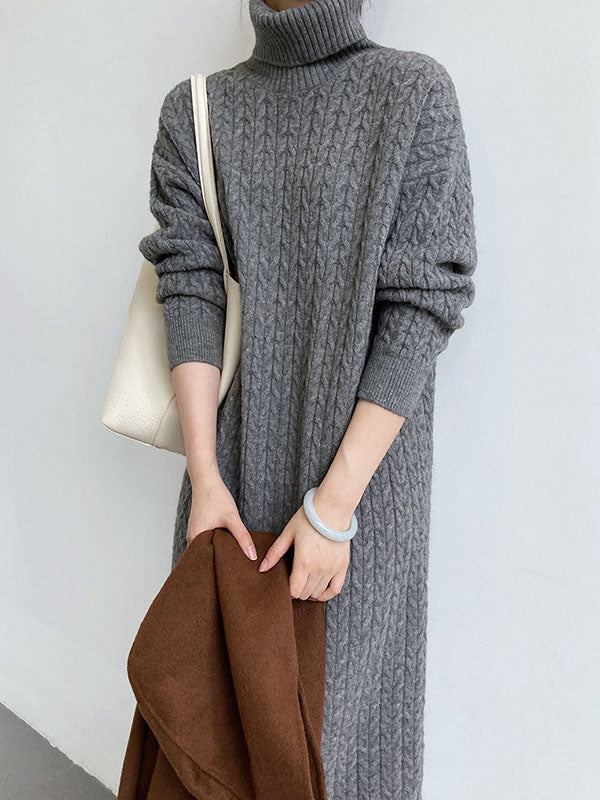Stylish Loose Long Sleeves Solid Color High-Neck Twist Sweater Dresses