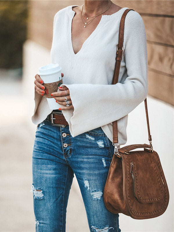 Casual Long Sleeves Loose Solid Color V-Neck Sweater Tops