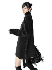 Buttoned Ribs Solid Color Split-Joint Irregularity Long Sleeves High Neck Sweater Tops