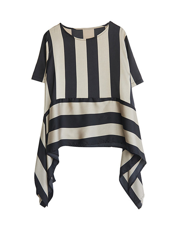 Striped Irregular clipping Loose Round-neck Two Pieces Set