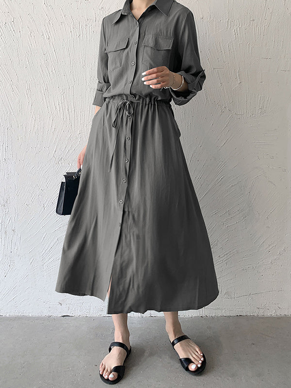 Casual A-Line Long Sleeves Bandage Solid Color Lapel Collar Shirt Midi Dresses