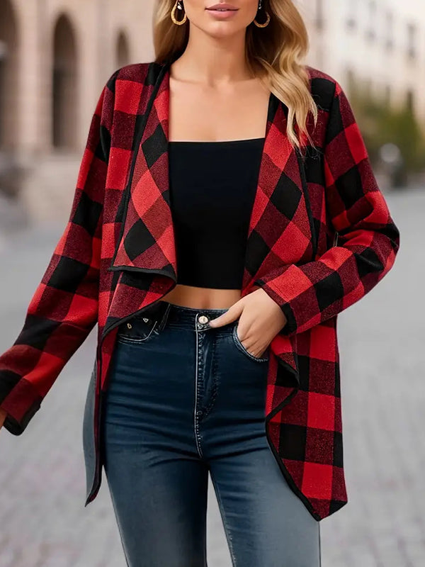 Contrast Color Plaid Split-Joint Long Sleeves Loose Collarless Outerwear