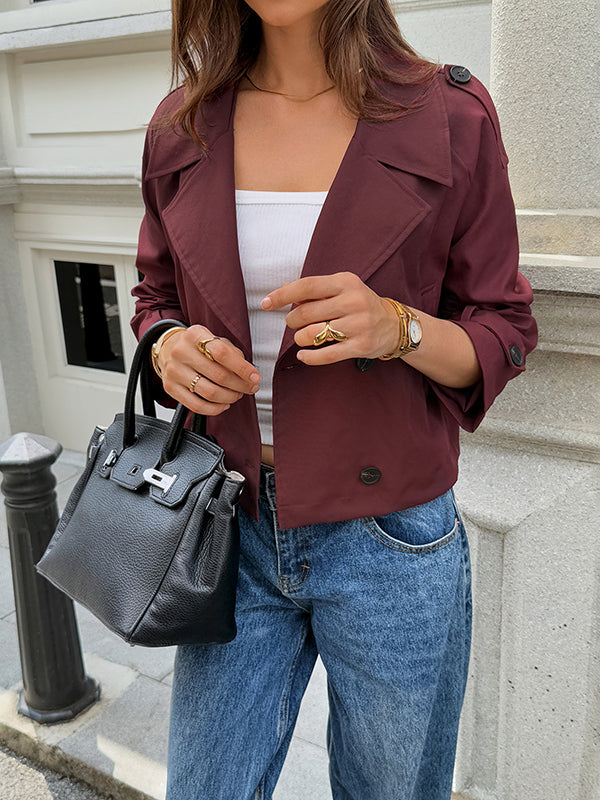 Buttoned Solid Color Split-Joint Long Sleeves Notched Collar Outerwear Jackets&Coats