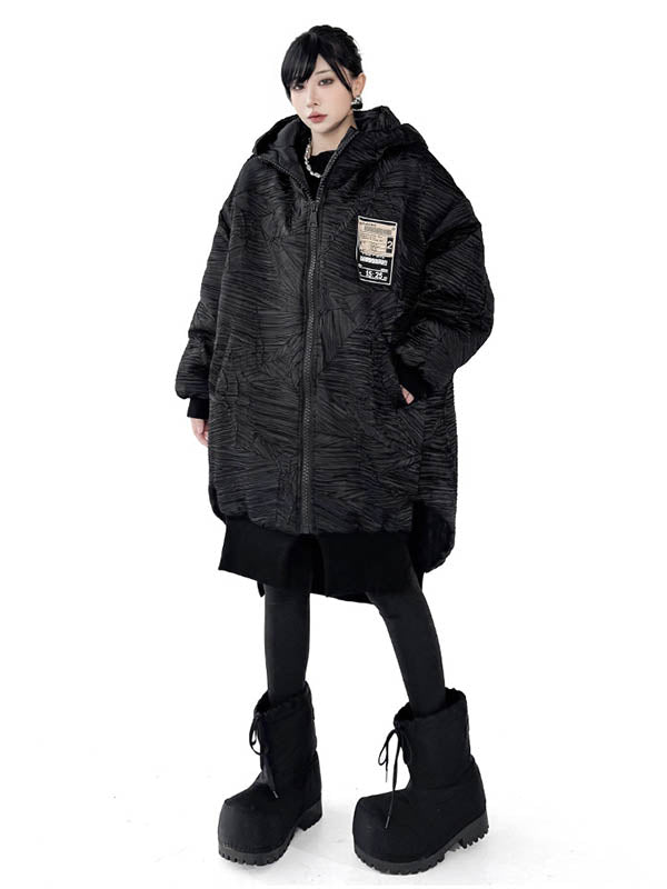 Abstract Printed Contrast Color Split-Joint Zipper High-Low Irregularity Hooded Overcoat Outerwear