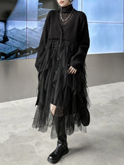Buttoned Pleated Solid Color Split-Joint Tulle Velvet Long Sleeves Loose V-Neck Cardigan Tops