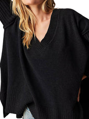 Solid Color Split-Joint Split-Side Long Sleeves Loose V-Neck Sweater Tops Pullovers