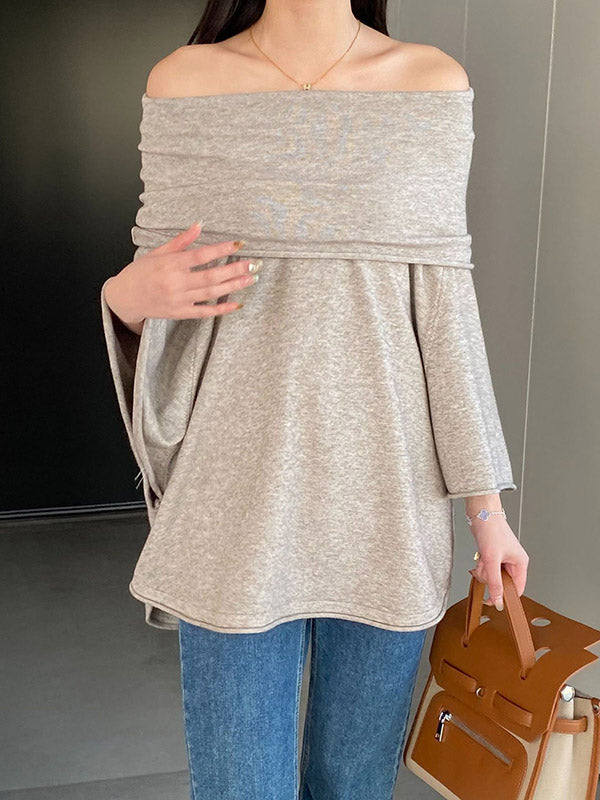 Solid Color Batwing Sleeves Flared Sleeves Off-the-shoulder Knit Top