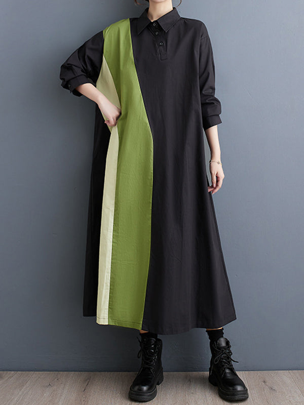 Asymmetric Buttoned Contrast Color Long Sleeves Loose Lapel Midi Dresses