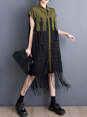 Gauze Pockets Split-Joint Tasseled Short Sleeves Lapel Midi Dresses
