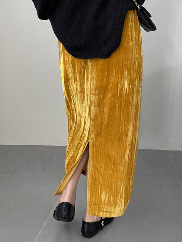 Elasticity Solid Color Split-Back High Waisted H-Line Skirts