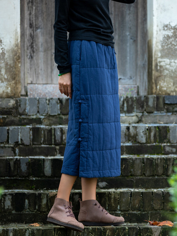 Cotton-Padded Clothes Keep Warm Quilted Solid Color Split-Joint Velvet Loose Skirts Bottoms