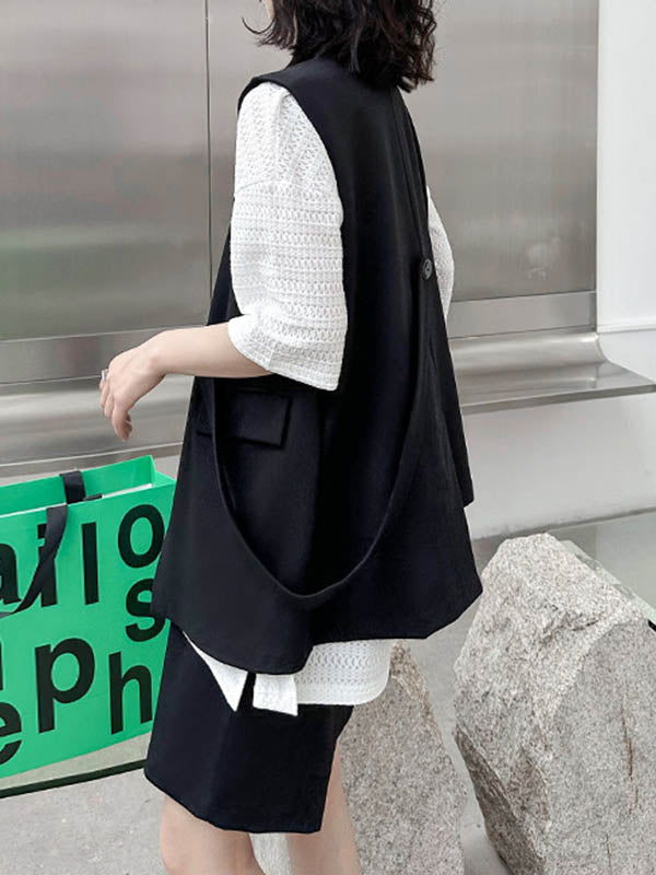Asymmetric Split-Joint Tied Waist Loose Sleeveless V-neck Vest Outerwear