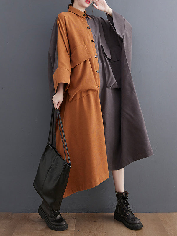 Original Creation Loose Long Sleeves Buttoned Contrast Color Lapel Collar Midi Dresses