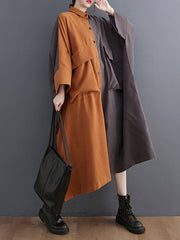 Original Creation Loose Long Sleeves Buttoned Contrast Color Lapel Collar Midi Dresses
