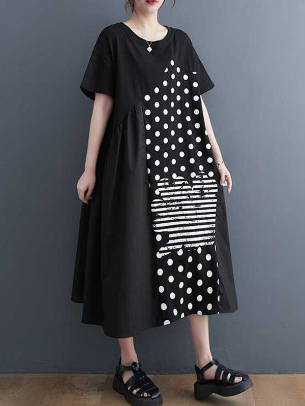 Asymmetric Pockets Polka-Dot Split-Joint A-Line Loose Round-Neck Midi Dresses