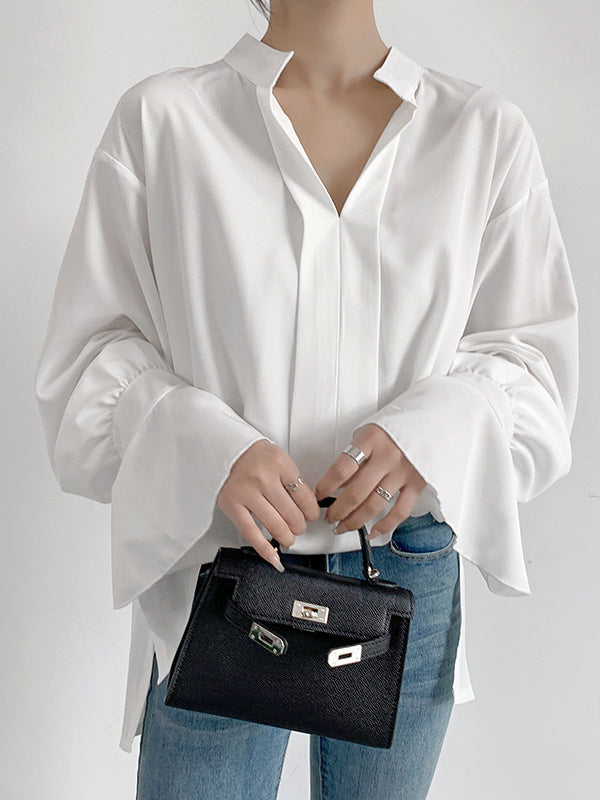 Solid Color Flared Sleeves High-low V-neck Blouses&shirts Tops