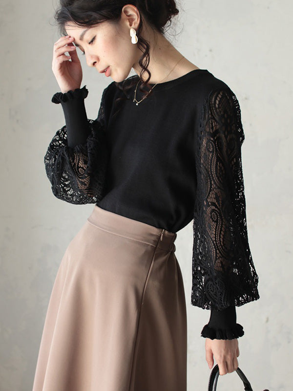 Original Loose Hollow Lace Round-Neck Long Puff Sleeves Sweater Pullovers
