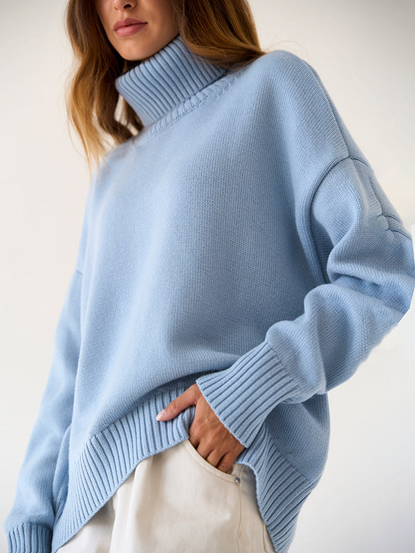 Long Sleeves Loose Solid Color High Neck Knitwear Pullovers Sweater Sweater Tops