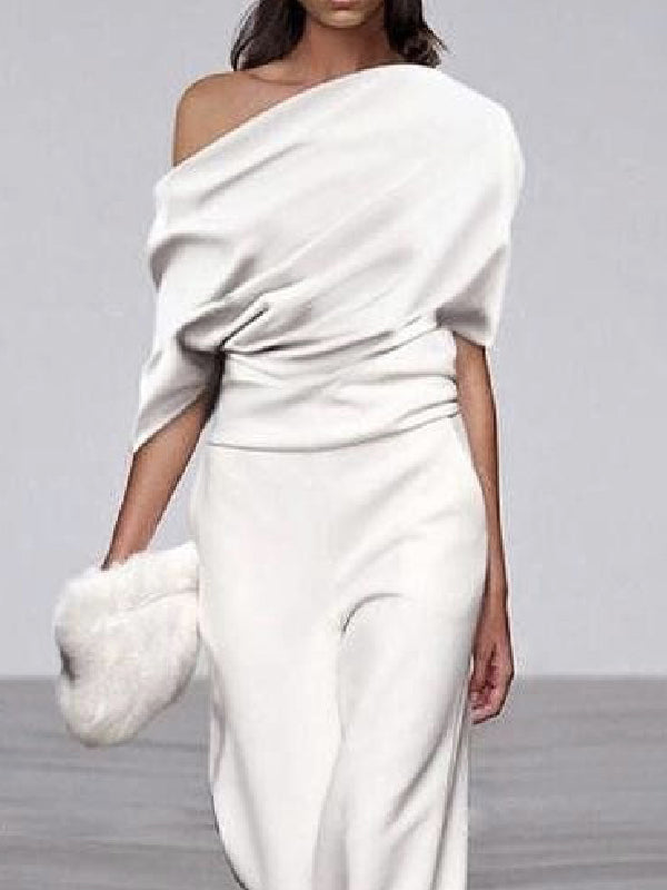 Solid Color Short Sleeves One-Shoulder Top + Wide Leg  Pants Two Pieces Set