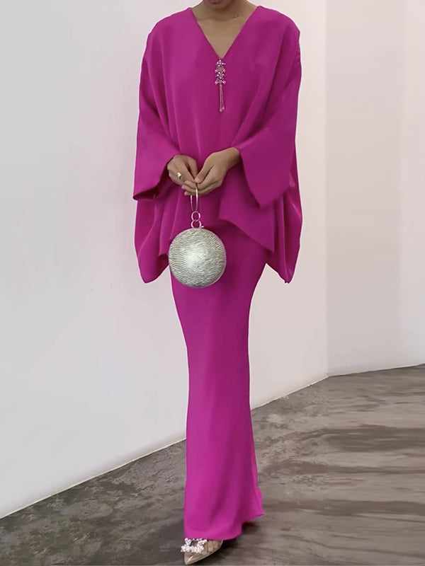 V-Neck Batwing Sleeves Loose Rhine Stones Tasseled Shirts Top + Skirts Bottom Two Pieces Set