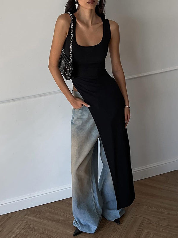 Asymmetric Solid Color Split-side Skinny Sleeveless Square-neck Tank Top