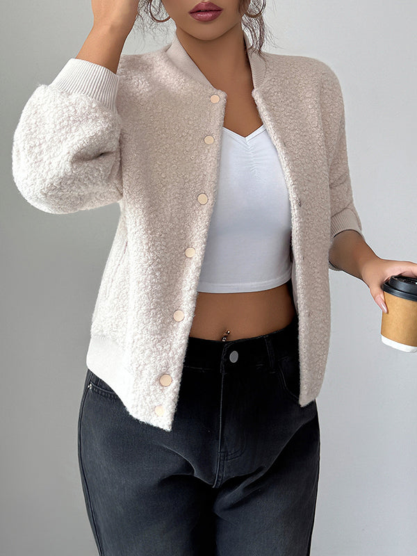 Buttoned Elasticity Pockets Solid Color Long Sleeves Collarless Jackets&Coats
