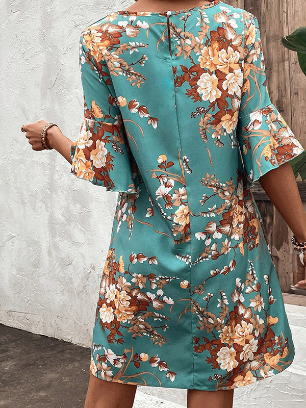 Flower Print Hollow Half Sleeves Loose Round-Neck Mini Dresses