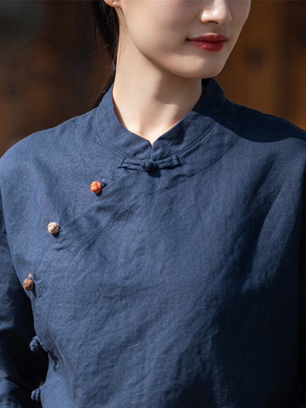 Artistic Retro Loose Half Sleeves Buttoned Contrast Color Stand Collar Blouses&Shirts Tops