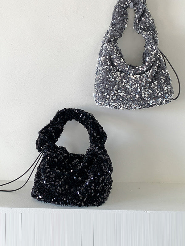 Drawstring Pleated Sequined Handbags Shoulder Bags