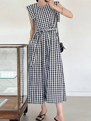 Plaid Pockets Tied Waist High Waisted Loose Round-neck Jumpsuits